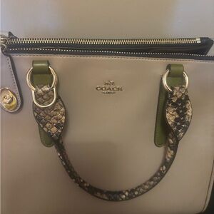 Coach Taupe and Olive Leather Satchel with Snakeskin Handles